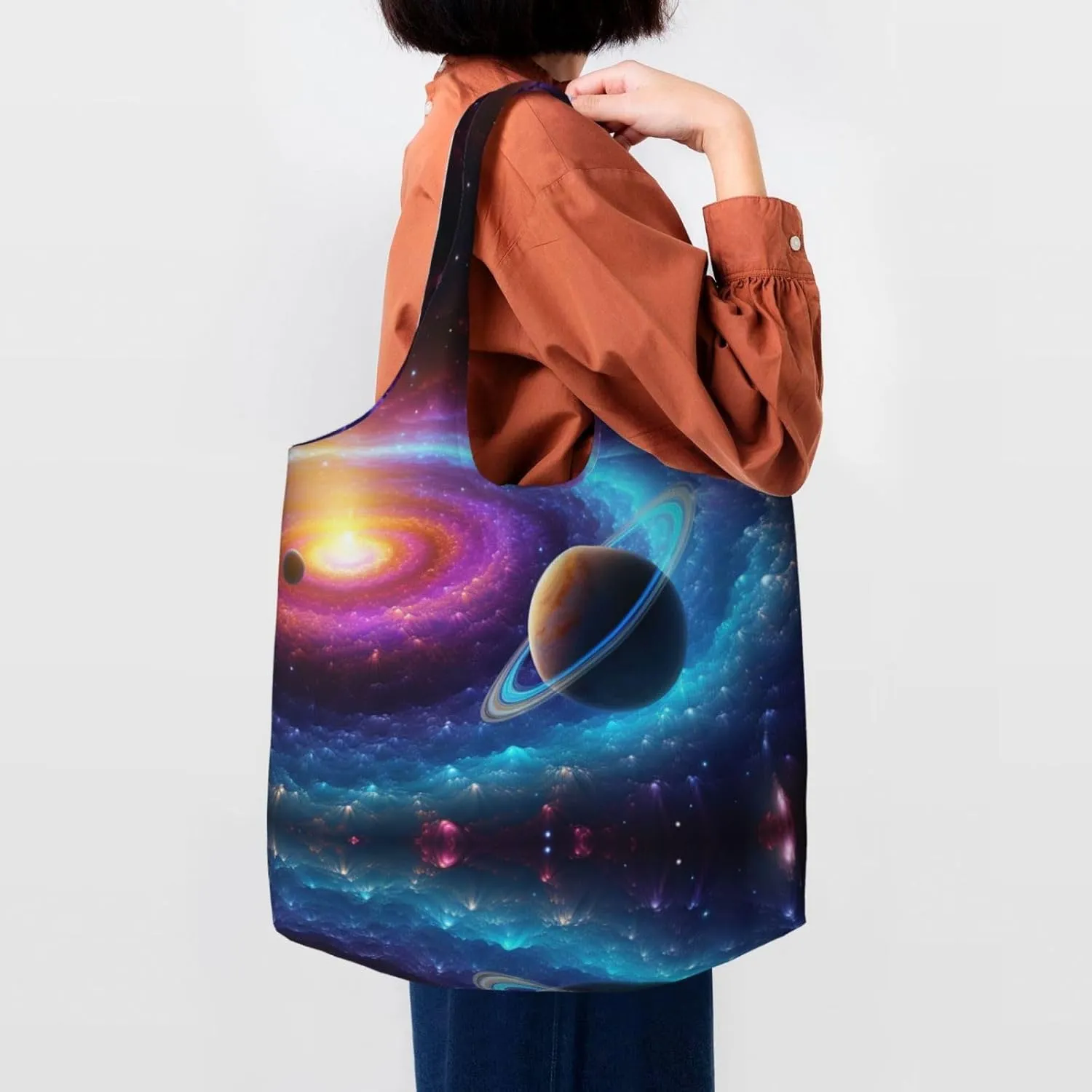 Tote Bag for Women Reusable Grocery Bag Canvas Shopping Bag Colorful Solar System Handbag Foldable Shoulder Bag