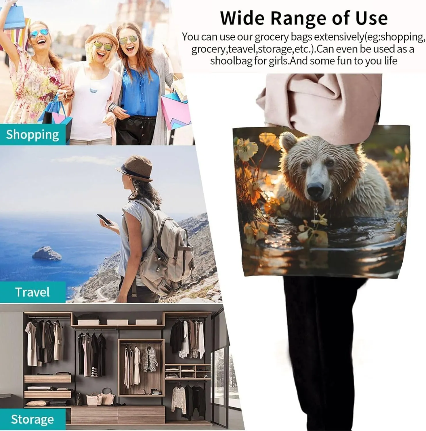 Tote Bag for Women Reusable Grocery Bag Shopping Bag Big Eyed Dog Tote Bags Handbag Foldable Shoulder Bag