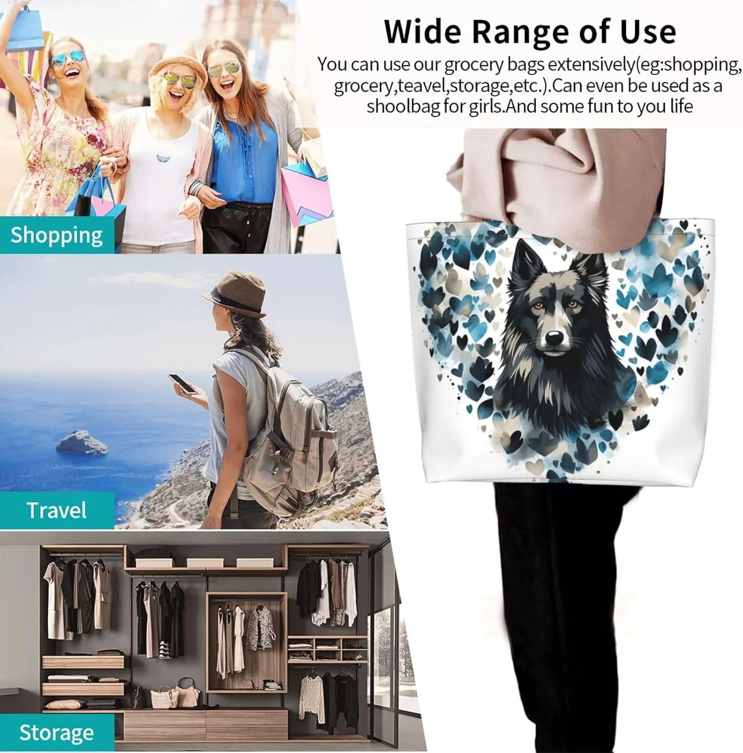 Tote Bag for Women Reusable Grocery Bag Shopping Bag Purple and Pattern Tote Bags Handbag Foldable Shoulder Bag