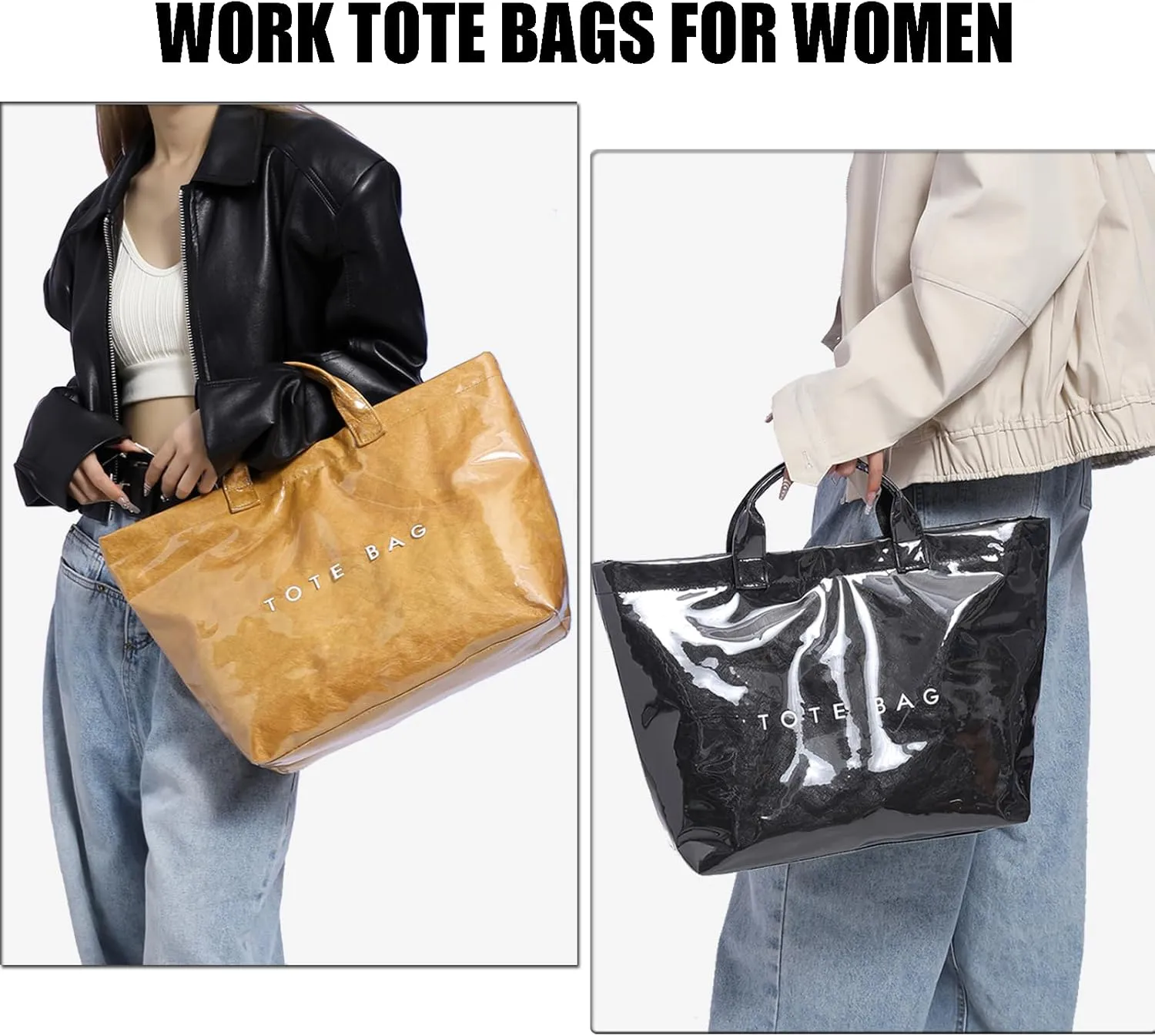 Tote Bag for Women,Large Work Tote Bag Clear Plastic Handbag PVC Letter Printed Bag Kraft Paper Hobo Bag with Handle