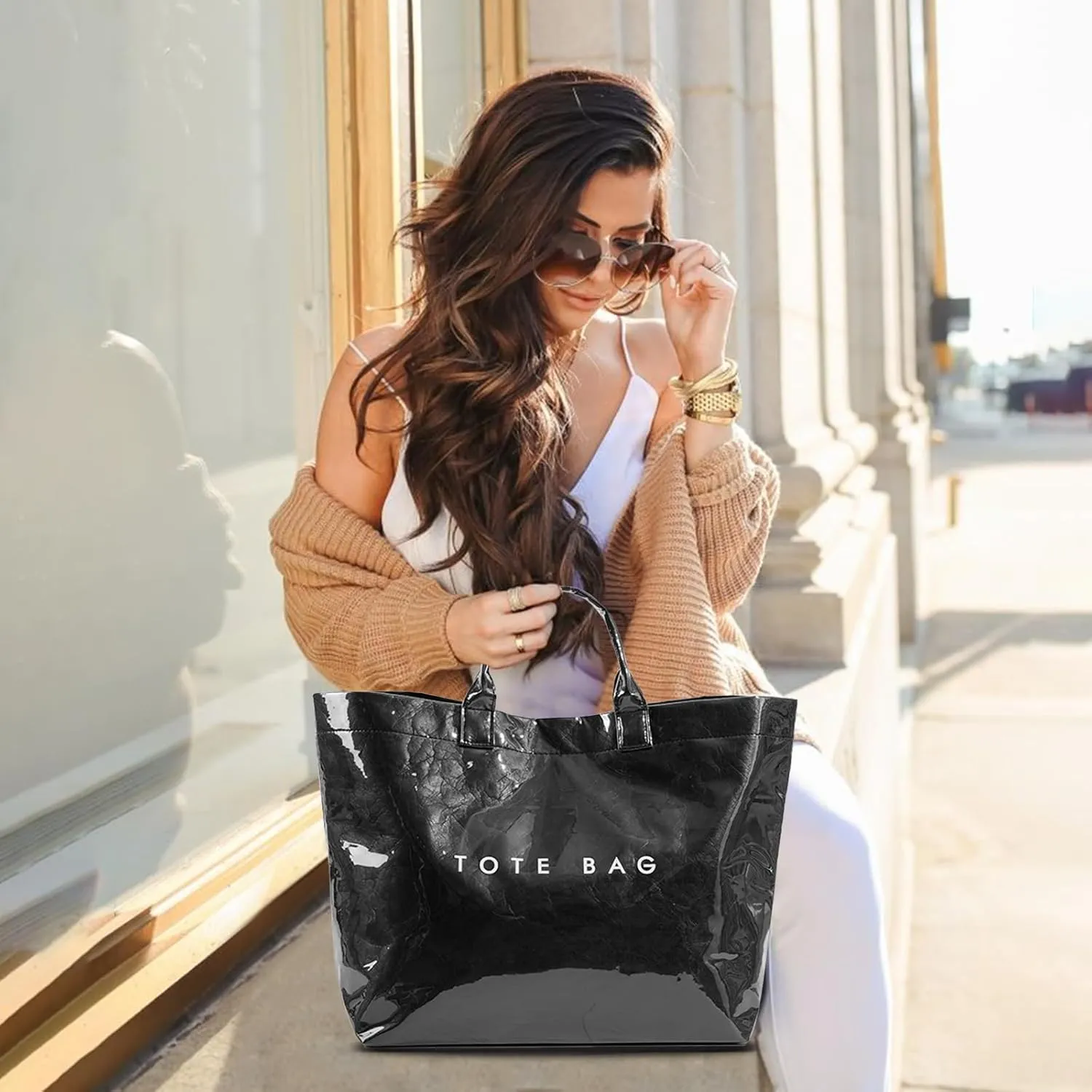 Tote Bag for Women,Large Work Tote Bag Clear Plastic Handbag PVC Letter Printed Bag Kraft Paper Hobo Bag with Handle