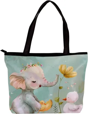 Tote Bags for Women,Womens Handbags,Small Tote Bag,Flower Bush Rabbit and Elephant