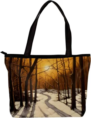 Tote Bags for Women,Womens Handbags,Small Tote Bag,Winter Forest Tree Path