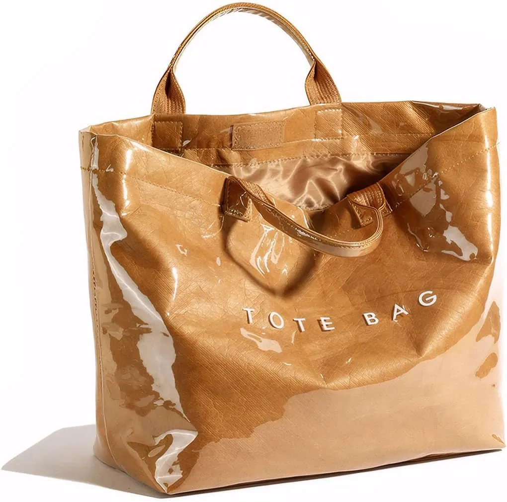 Trendy PVC Tote Bag for Women, Kraft Paper Letter Print Tote Bag Large Hobo Handbags with Top Handle