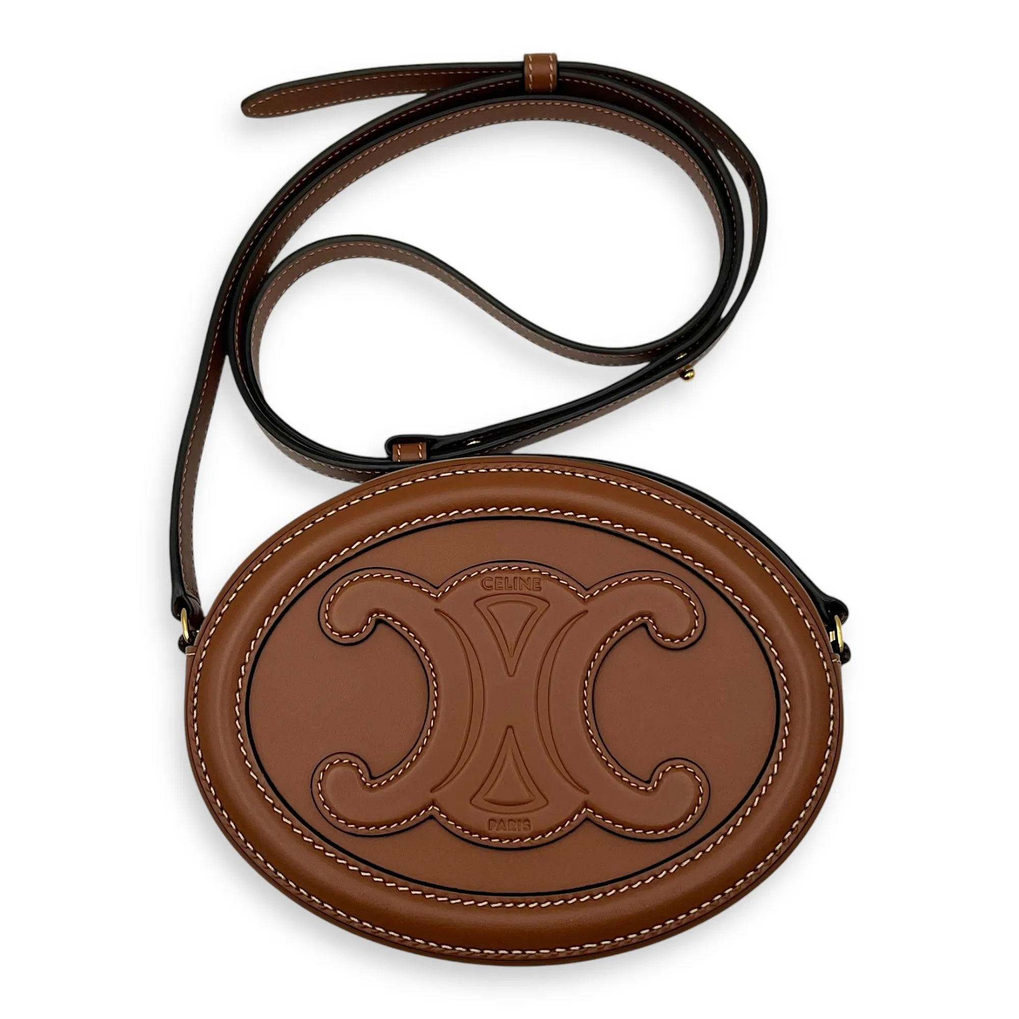 Triomphe Crossbody Bag Brown in Calfskin, Gold hardware