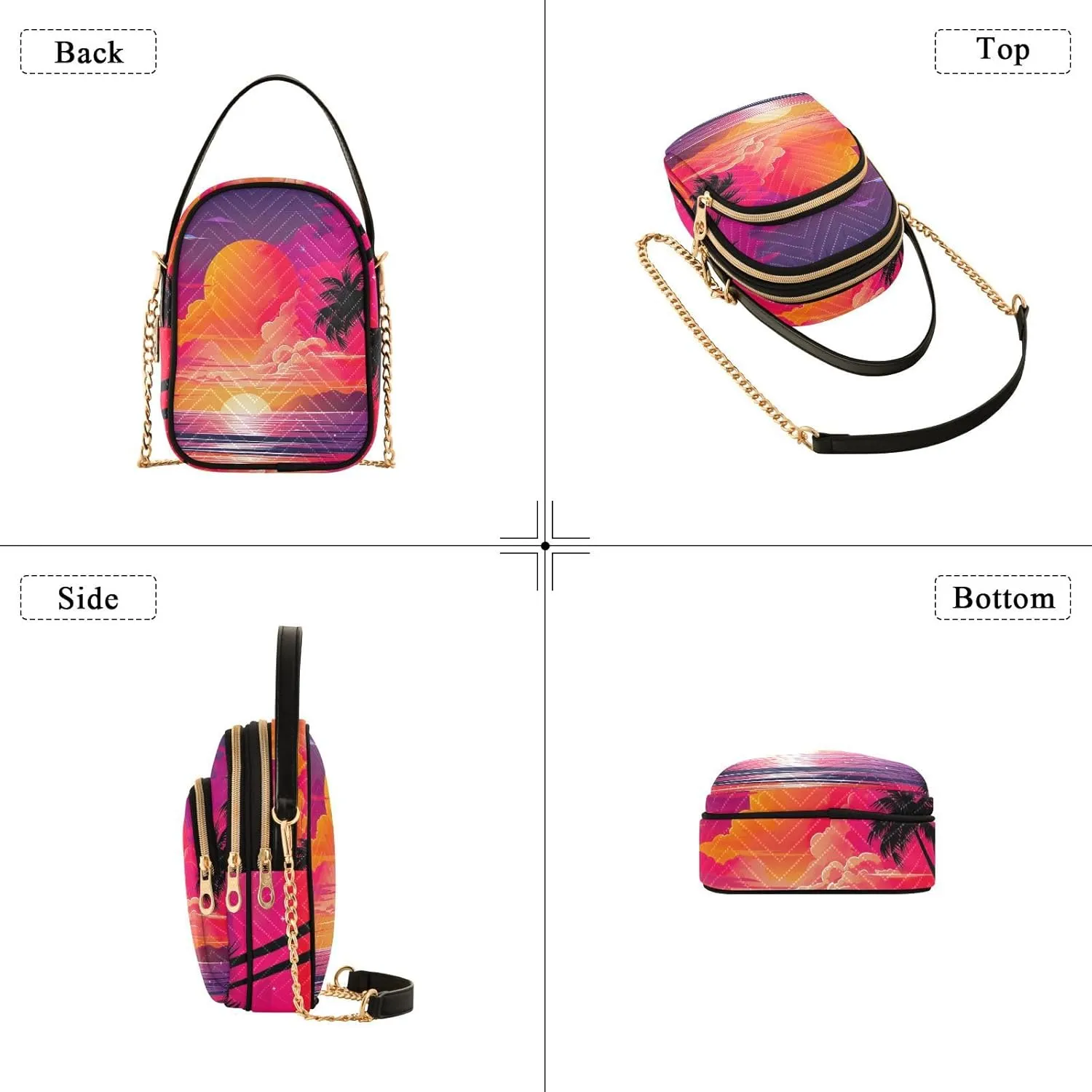 Tropical Beach Sunset with Vegetation Womens Crossbody Shoulder Bag, Three Zipper Crossbody Bags for Women