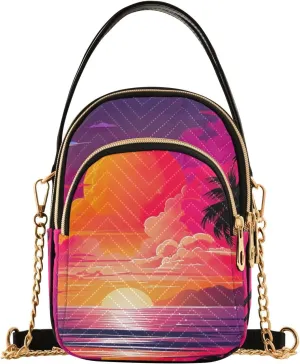 Tropical Beach Sunset with Vegetation Womens Crossbody Shoulder Bag, Three Zipper Crossbody Bags for Women