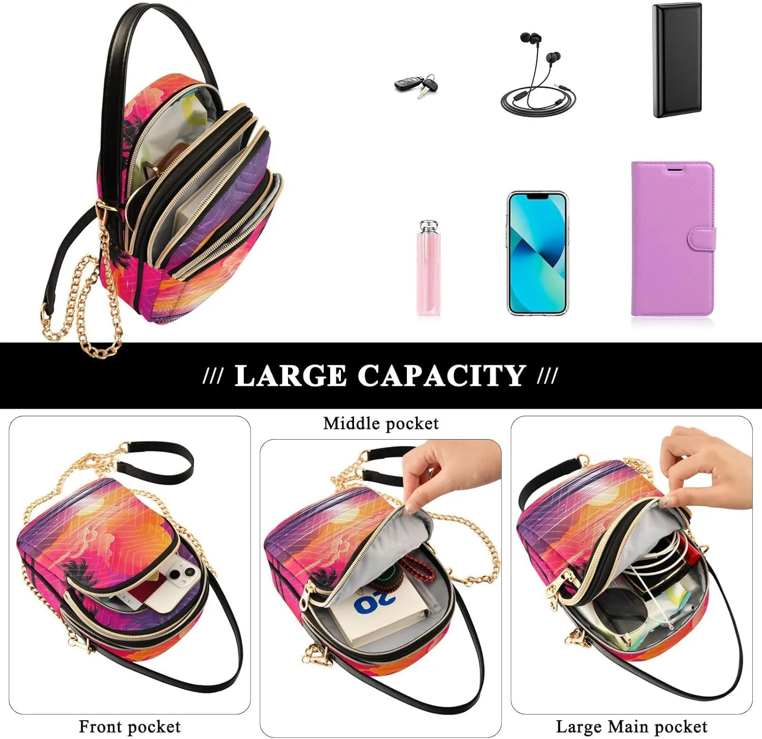 Tropical Beach Sunset with Vegetation Womens Crossbody Shoulder Bag, Three Zipper Crossbody Bags for Women