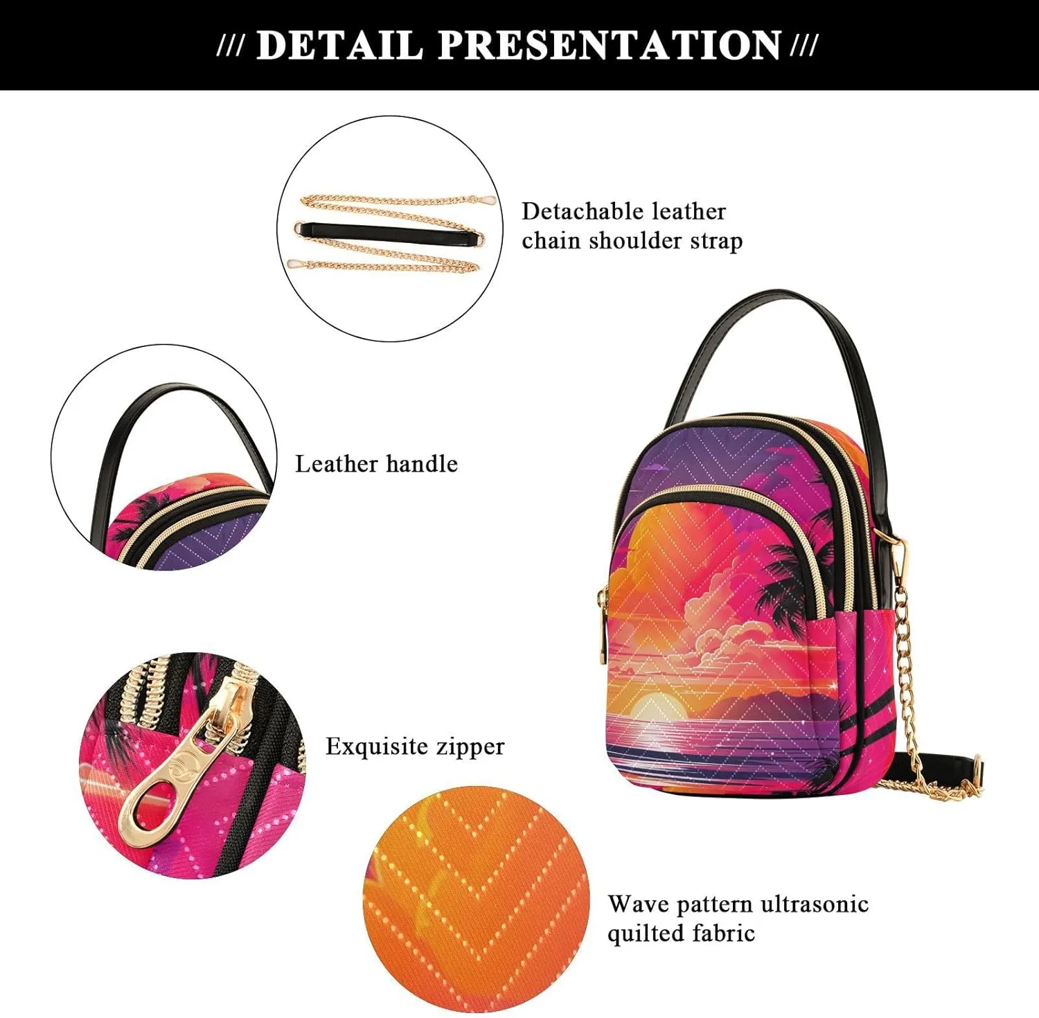 Tropical Beach Sunset with Vegetation Womens Crossbody Shoulder Bag, Three Zipper Crossbody Bags for Women