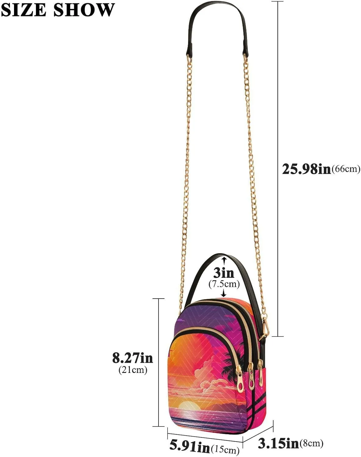 Tropical Beach Sunset with Vegetation Womens Crossbody Shoulder Bag, Three Zipper Crossbody Bags for Women