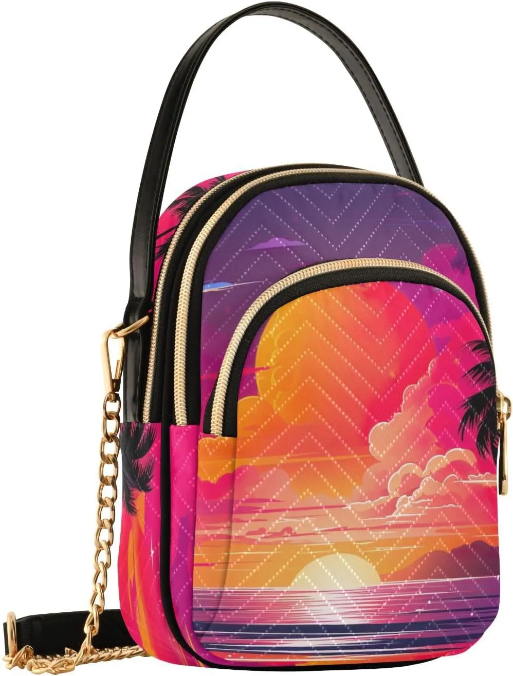 Tropical Beach Sunset with Vegetation Womens Crossbody Shoulder Bag, Three Zipper Crossbody Bags for Women