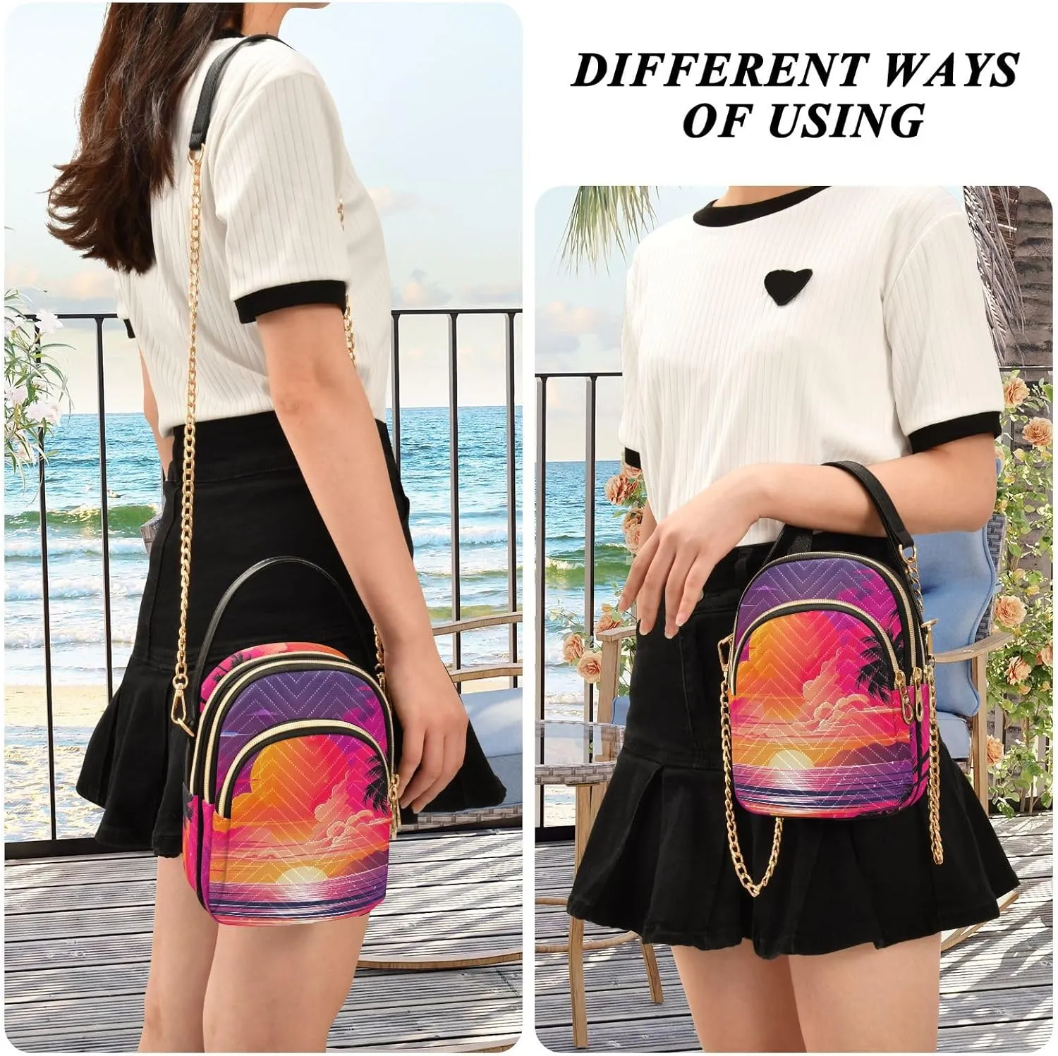 Tropical Beach Sunset with Vegetation Womens Crossbody Shoulder Bag, Three Zipper Crossbody Bags for Women