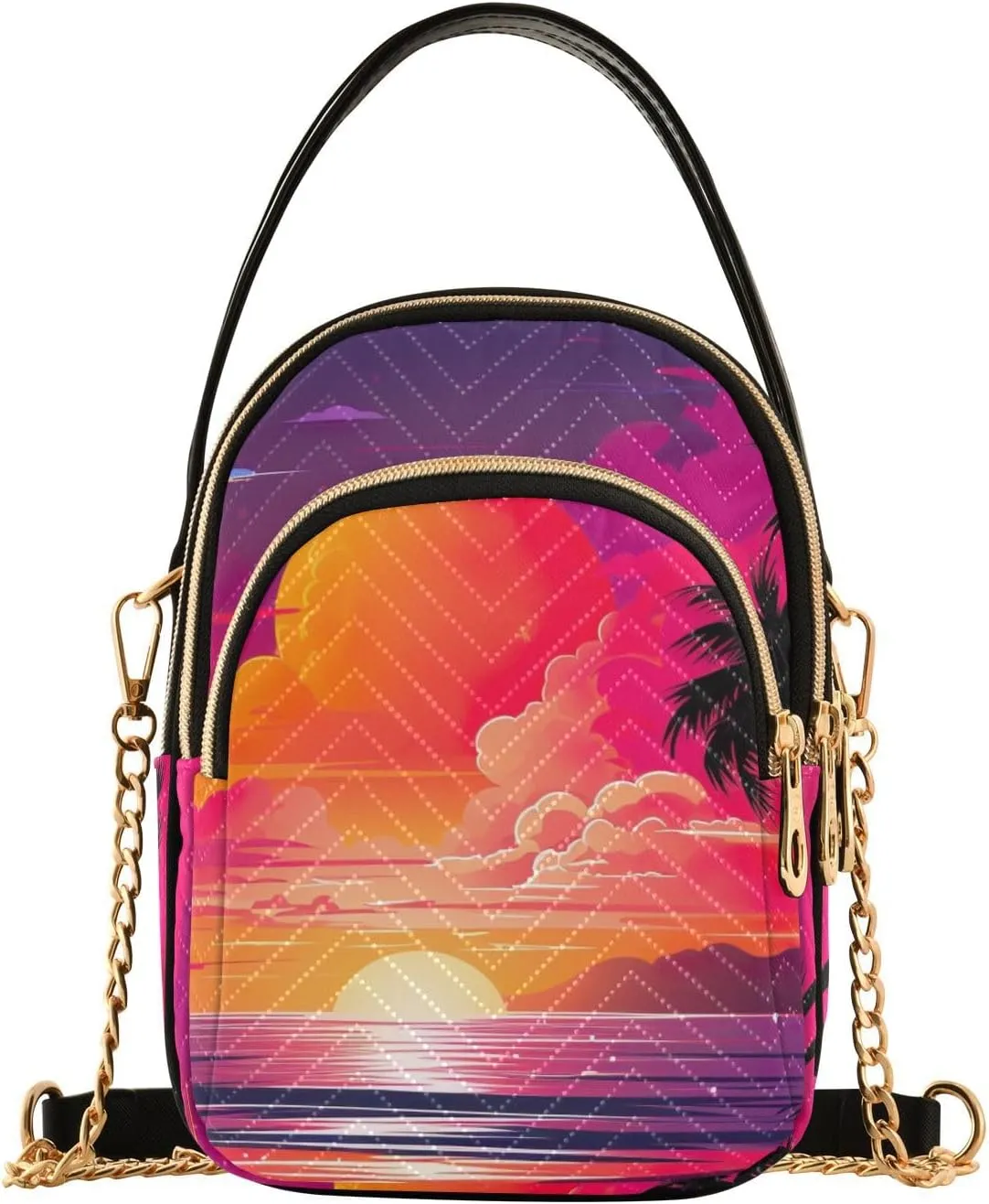Tropical Beach Sunset with Vegetation Womens Crossbody Shoulder Bag, Three Zipper Crossbody Bags for Women