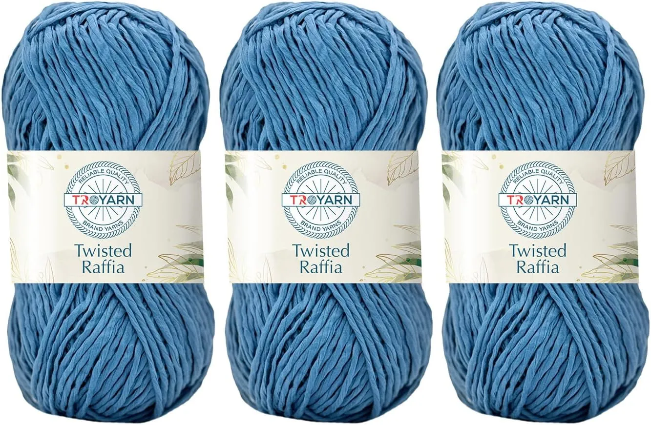 Troyarn Twisted Raffia Yarn for Crafting and Design for Creative Projects, Sustainable Soft Beach Bag,Hat, Hand Knitting Handbags Medium(4) 100% Polyester/(3x3.52 Oz)/(3x109 Yd) (11819 - Denim Blue)