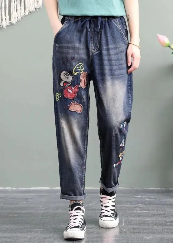 Unique Blue Cartoon Embroideried Pockets Patchwork Denim Pants