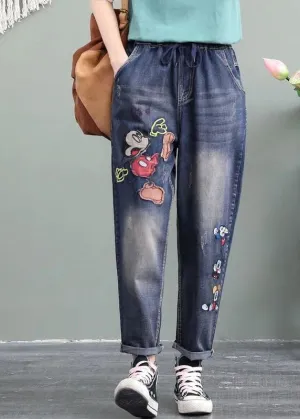 Unique Blue Cartoon Embroideried Pockets Patchwork Denim Pants