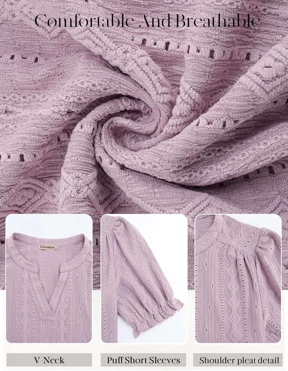 Unixseque Womens Summer Tops Business Casual Puff Sleeve Blouses V Neck Knit Shirts
