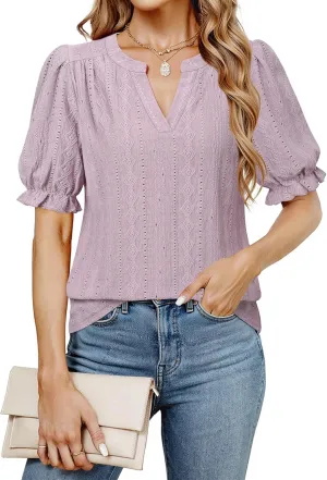 Unixseque Womens Summer Tops Business Casual Puff Sleeve Blouses V Neck Knit Shirts