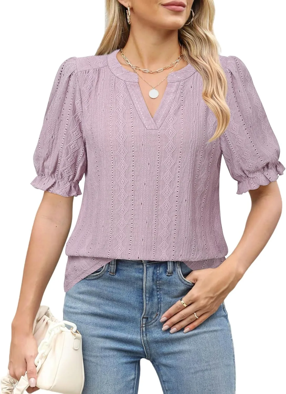 Unixseque Womens Summer Tops Business Casual Puff Sleeve Blouses V Neck Knit Shirts