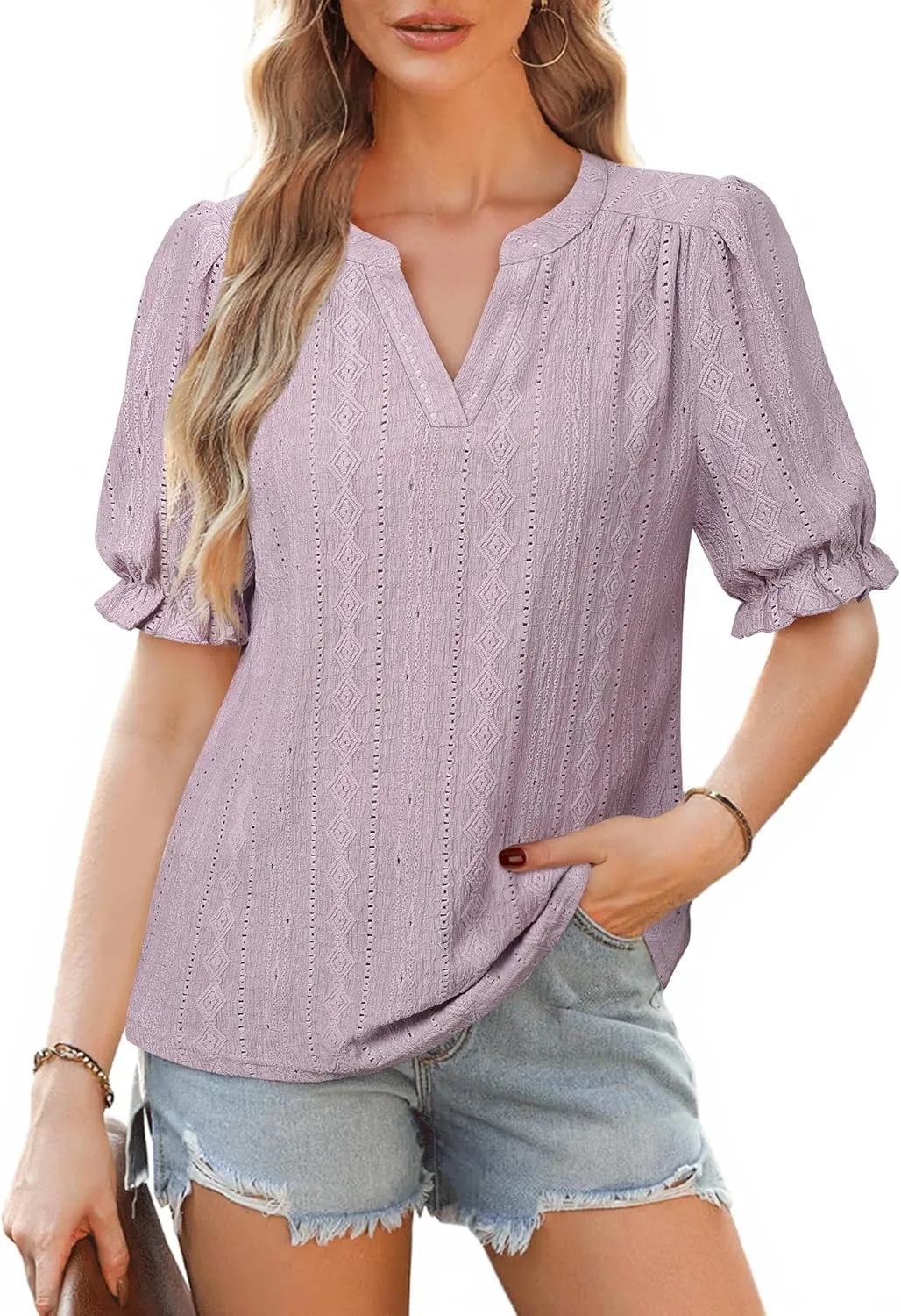 Unixseque Womens Summer Tops Business Casual Puff Sleeve Blouses V Neck Knit Shirts