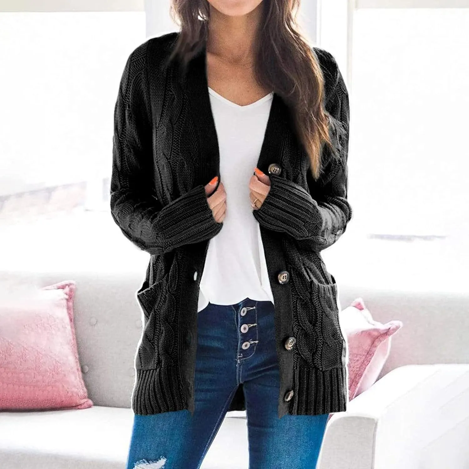 UQRZAU Womens Patchwork Cardigan Long Sleeve Open Front Knit Button Down Sweaters Coat Pockets S, 5XL