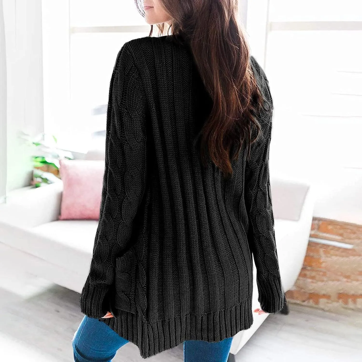 UQRZAU Womens Patchwork Cardigan Long Sleeve Open Front Knit Button Down Sweaters Coat Pockets S, 5XL