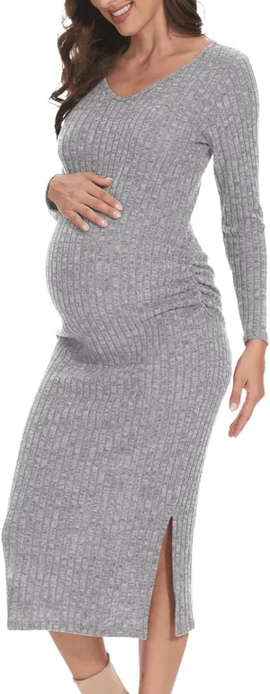 V Neck Side Ruch Knit Ribbed Maternity Bodycon Dress，Maternity Dress for Baby Shower