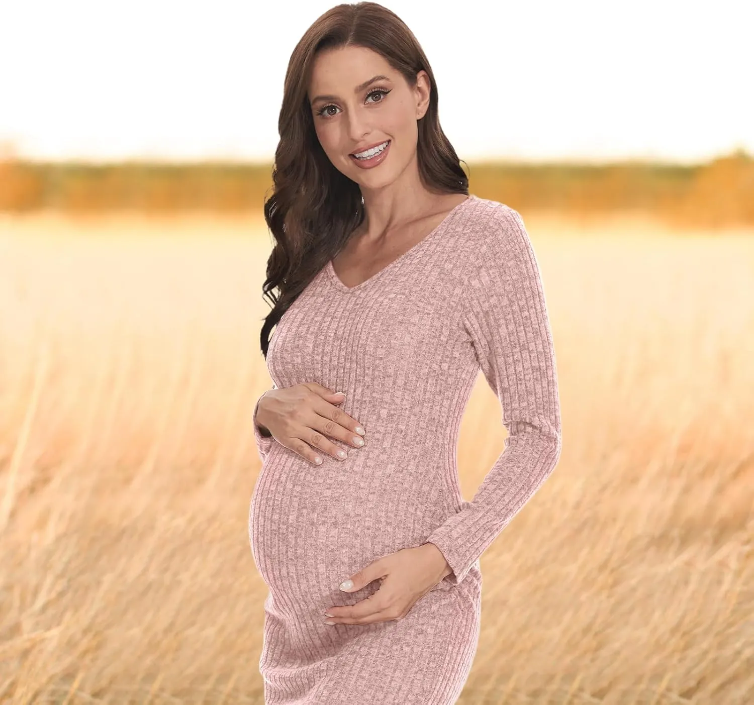V Neck Side Ruch Knit Ribbed Maternity Bodycon Dress，Maternity Dress for Baby Shower