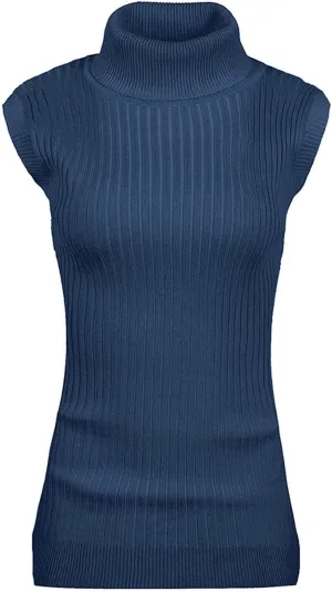 v28 Women Sleeveless High Neck Turtleneck Stretchable Knit Sweater Top