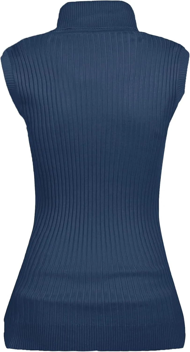 v28 Women Sleeveless High Neck Turtleneck Stretchable Knit Sweater Top