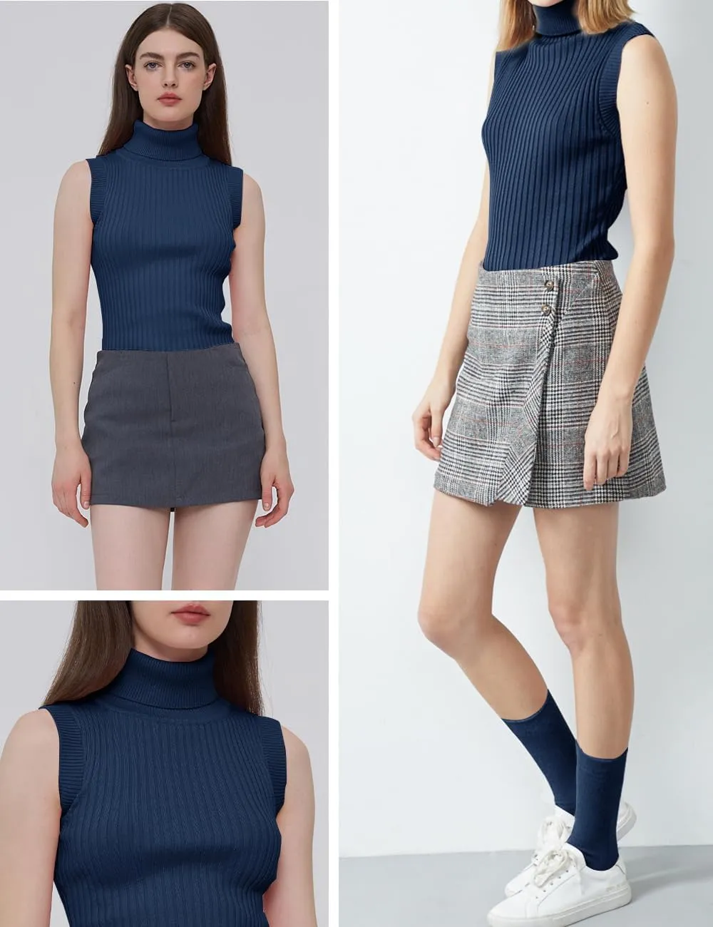 v28 Women Sleeveless High Neck Turtleneck Stretchable Knit Sweater Top
