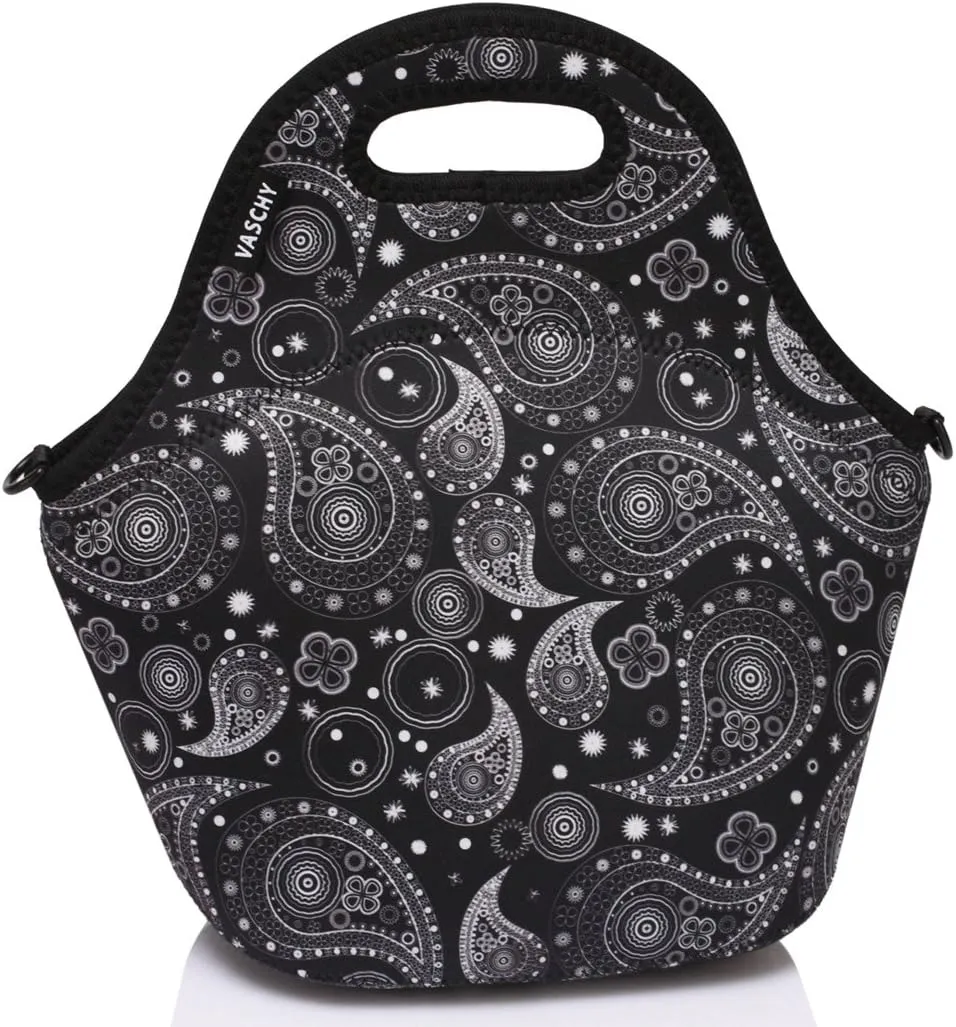 VASCHY Neoprene Insulated Lunch Tote Bag for Women Girls with Detachable Adjustable Shoulder Strap for Work in Paisley Clover Pattern