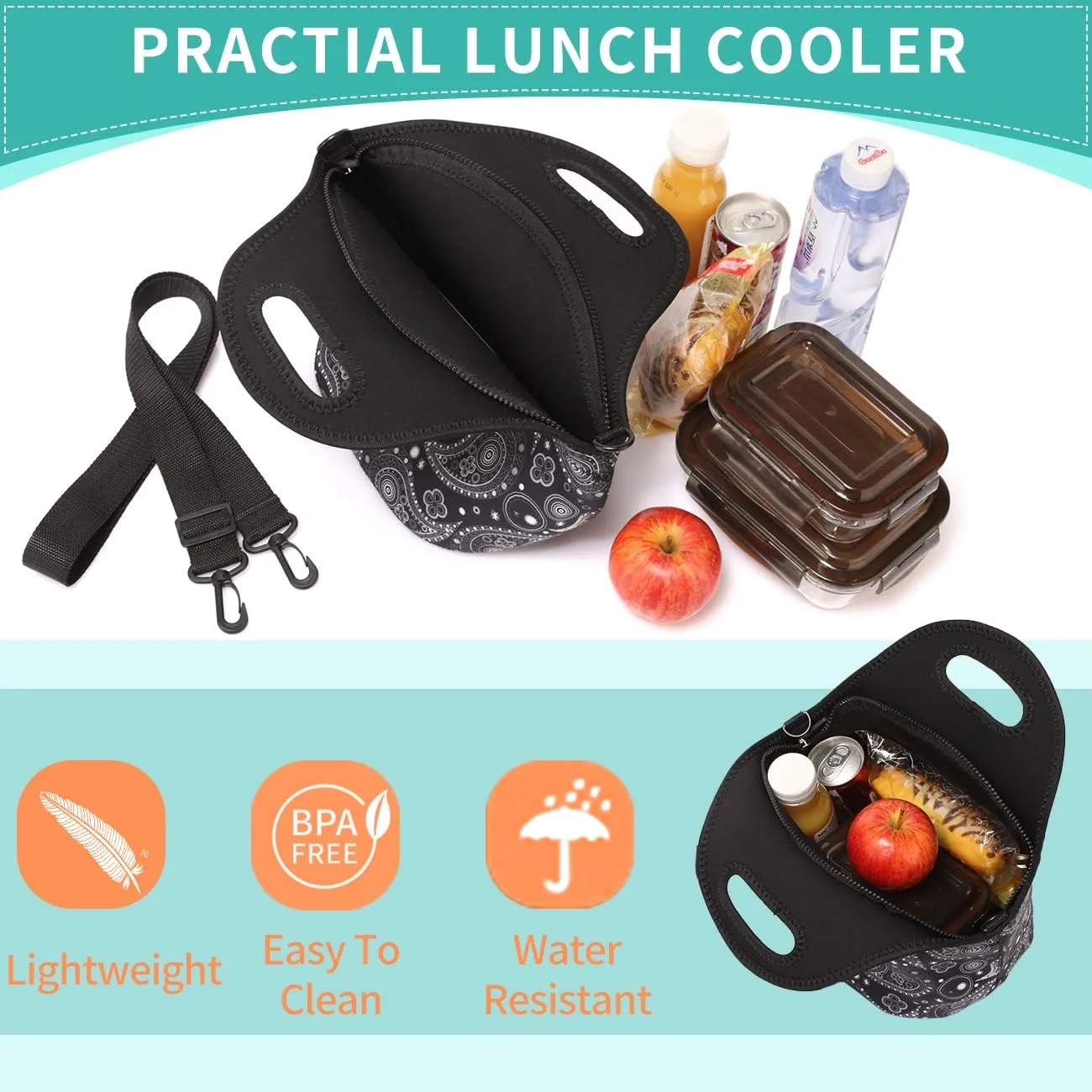 VASCHY Neoprene Insulated Lunch Tote Bag for Women Girls with Detachable Adjustable Shoulder Strap for Work in Paisley Clover Pattern