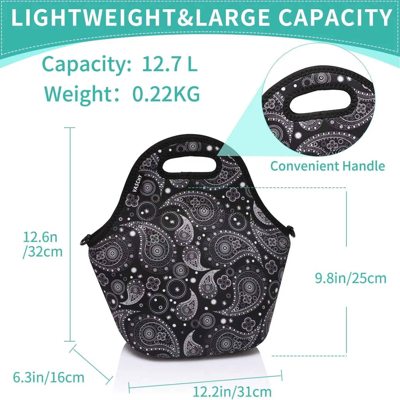VASCHY Neoprene Insulated Lunch Tote Bag for Women Girls with Detachable Adjustable Shoulder Strap for Work in Paisley Clover Pattern