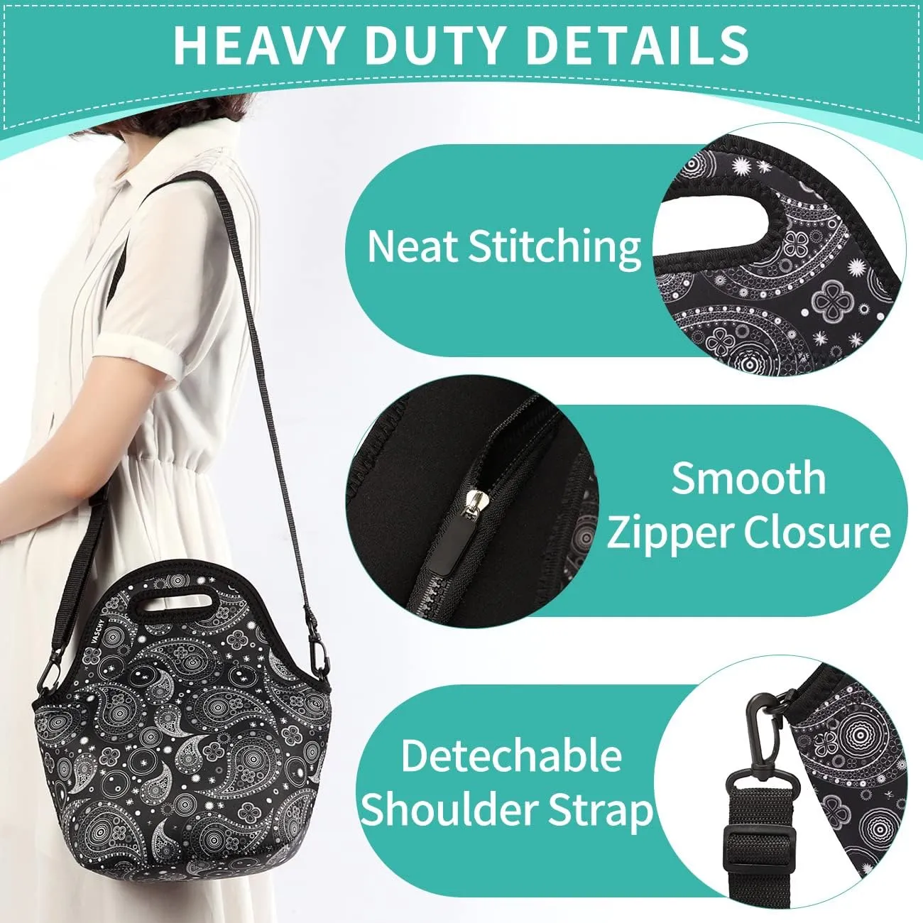 VASCHY Neoprene Insulated Lunch Tote Bag for Women Girls with Detachable Adjustable Shoulder Strap for Work in Paisley Clover Pattern