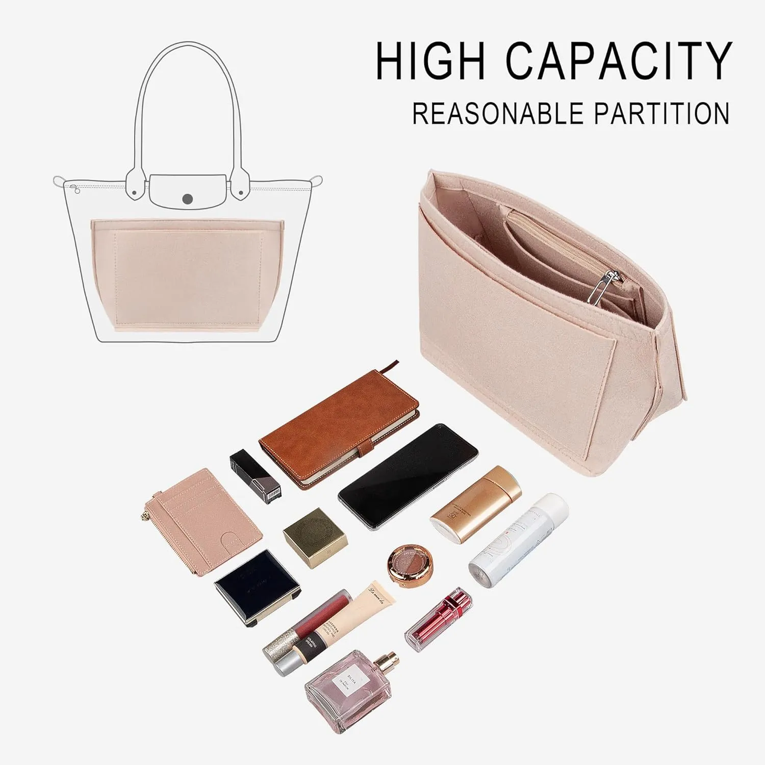 Vercord Purse Insert Organizers Felt Handbag Organizer Bag in Bag for Nylon Tote Beige Medium