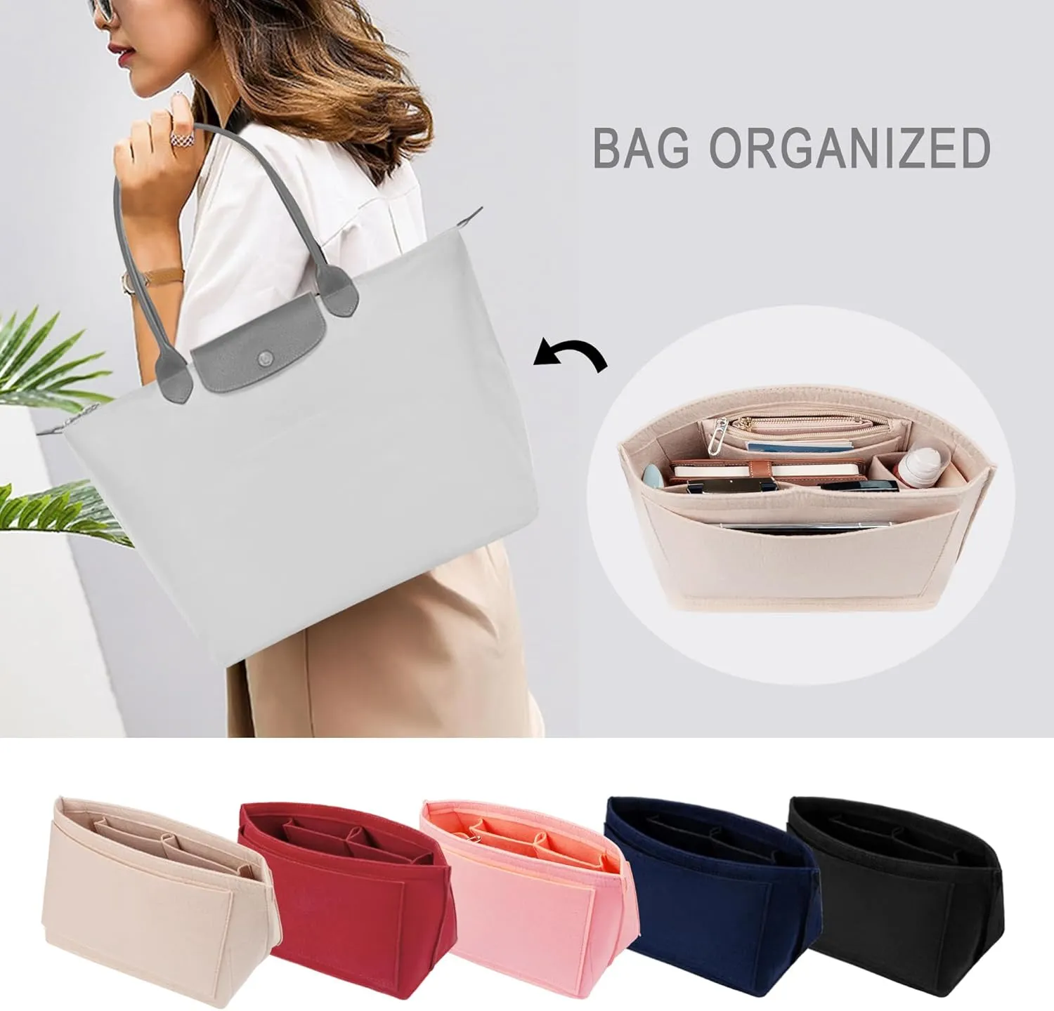 Vercord Purse Insert Organizers Felt Handbag Organizer Bag in Bag for Nylon Tote Beige Medium