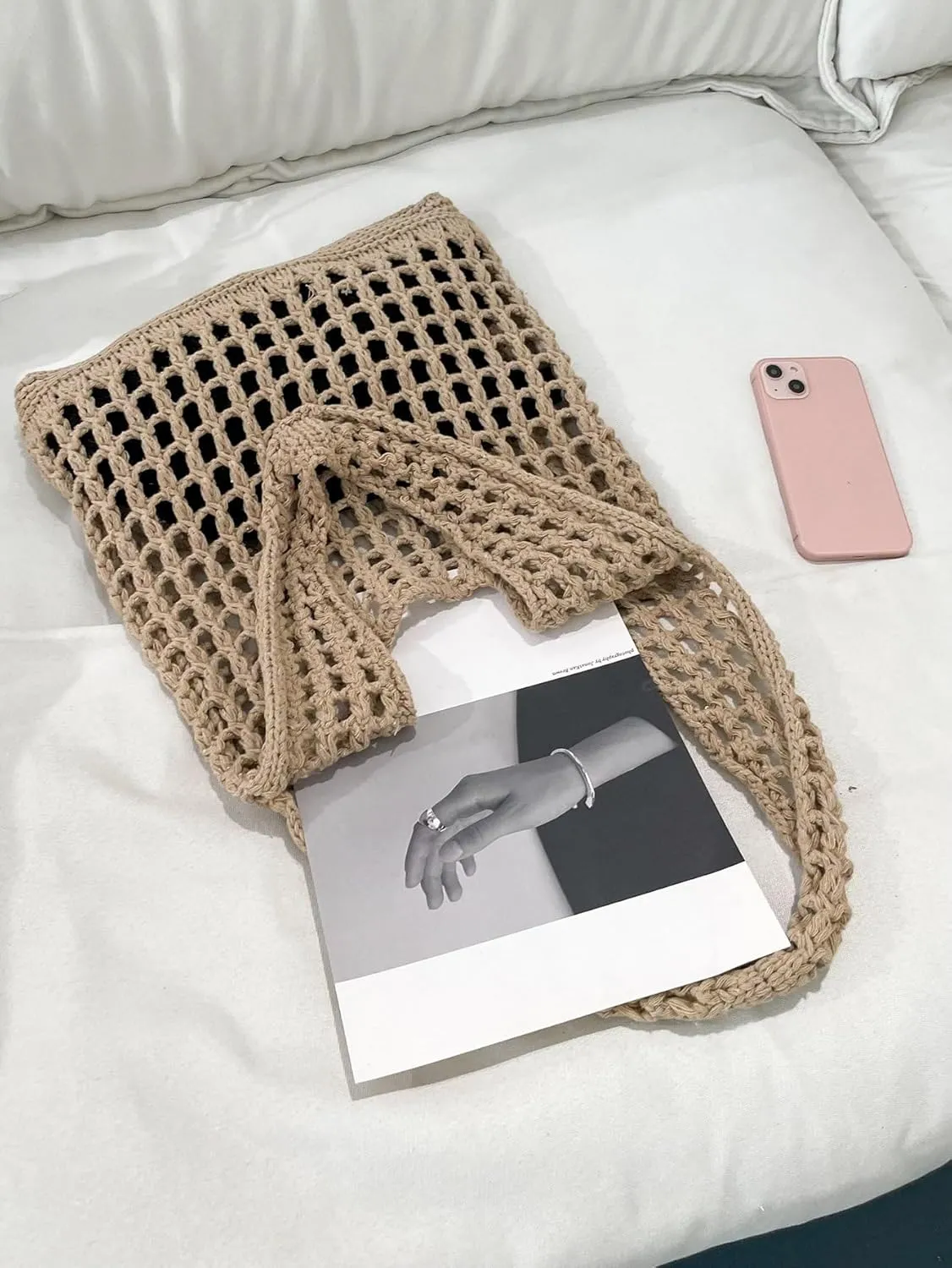 Verdusa Women's Hollow Out Knit Tote Handbags Crochet Shoulder Bag