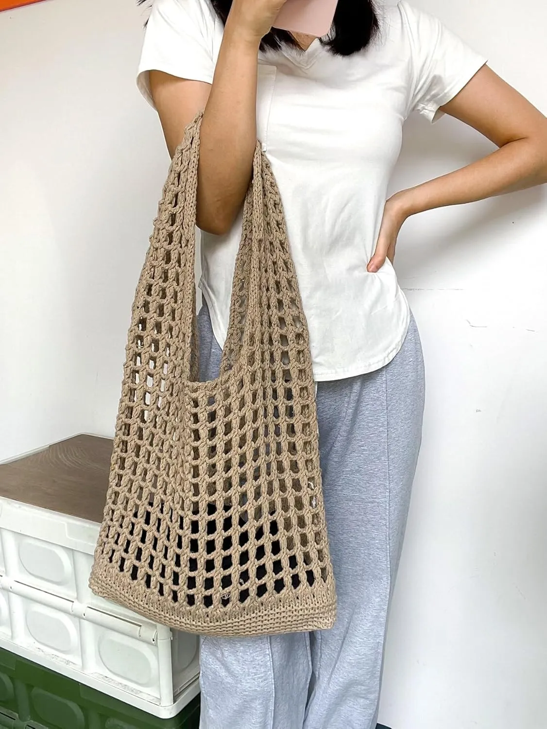 Verdusa Women's Hollow Out Knit Tote Handbags Crochet Shoulder Bag