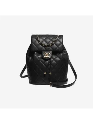 Versatile collection Black Calfskin Backpack Chanel Metal Gold Shiny Discounted Grained