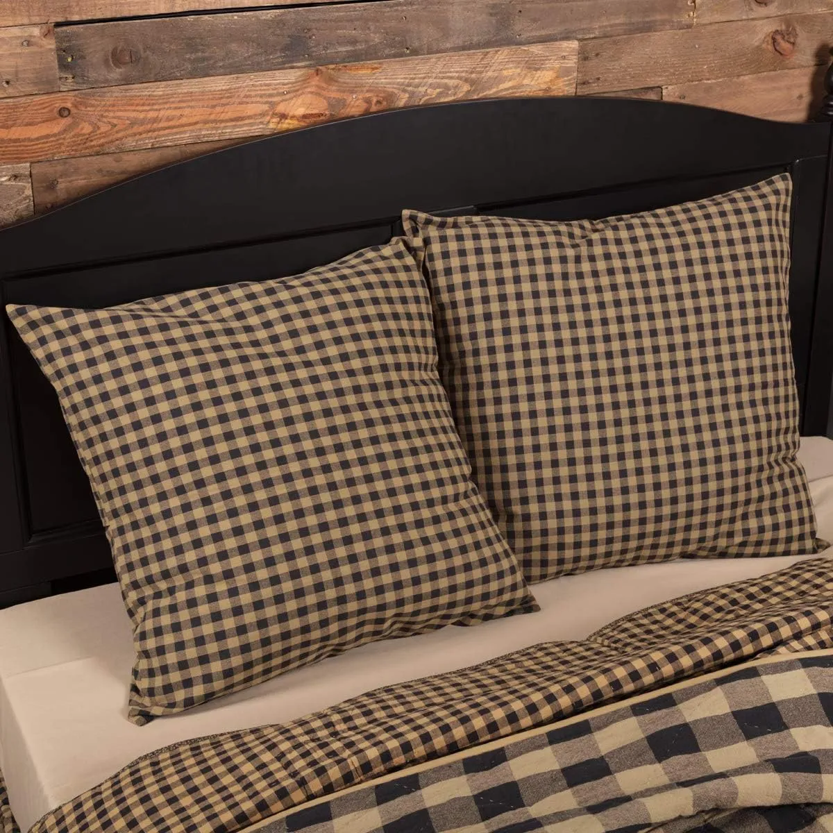 VHC Brands Black Check Fabric Euro Sham 26x26 Country Rustic Design, Black and Tan