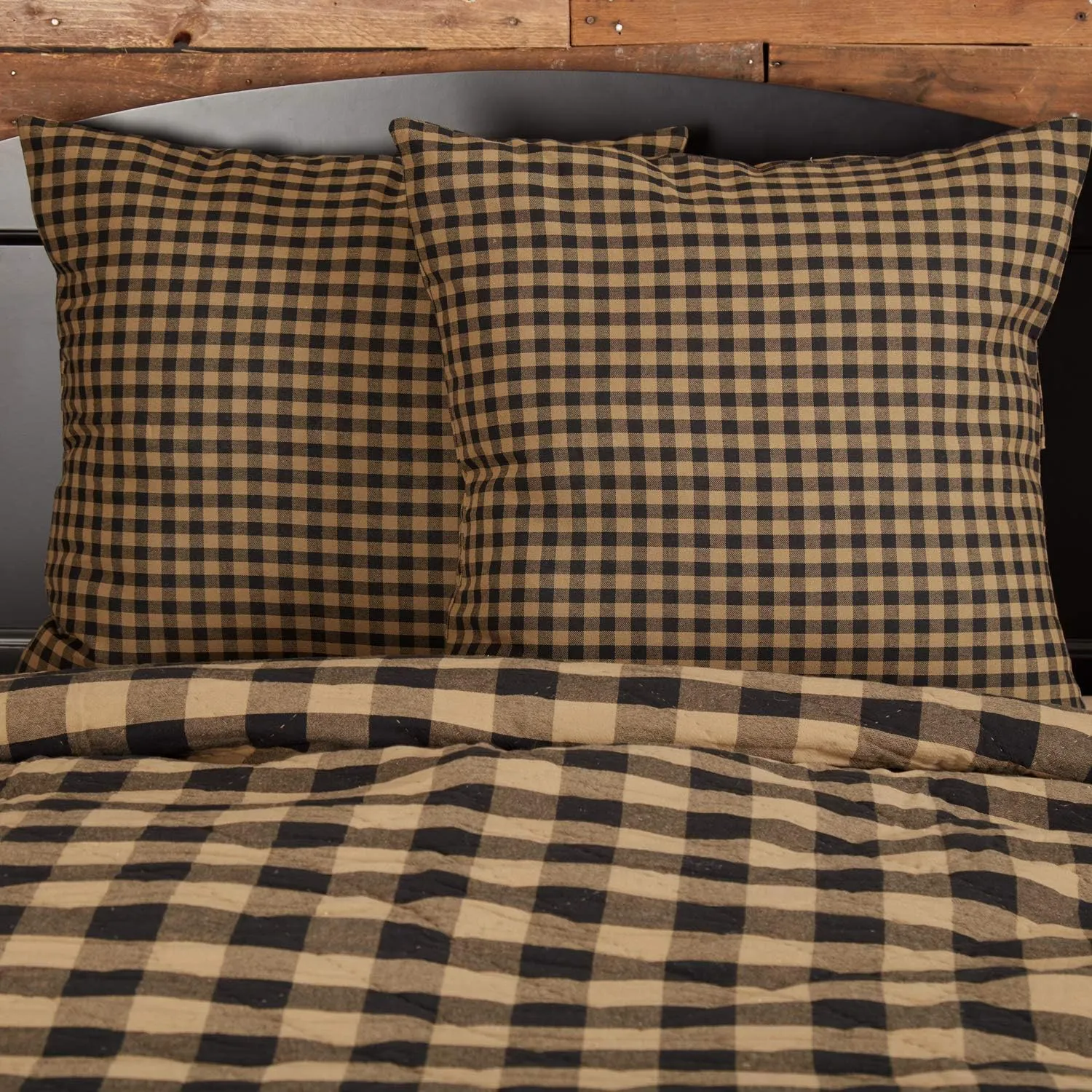 VHC Brands Black Check Fabric Euro Sham 26x26 Country Rustic Design, Black and Tan