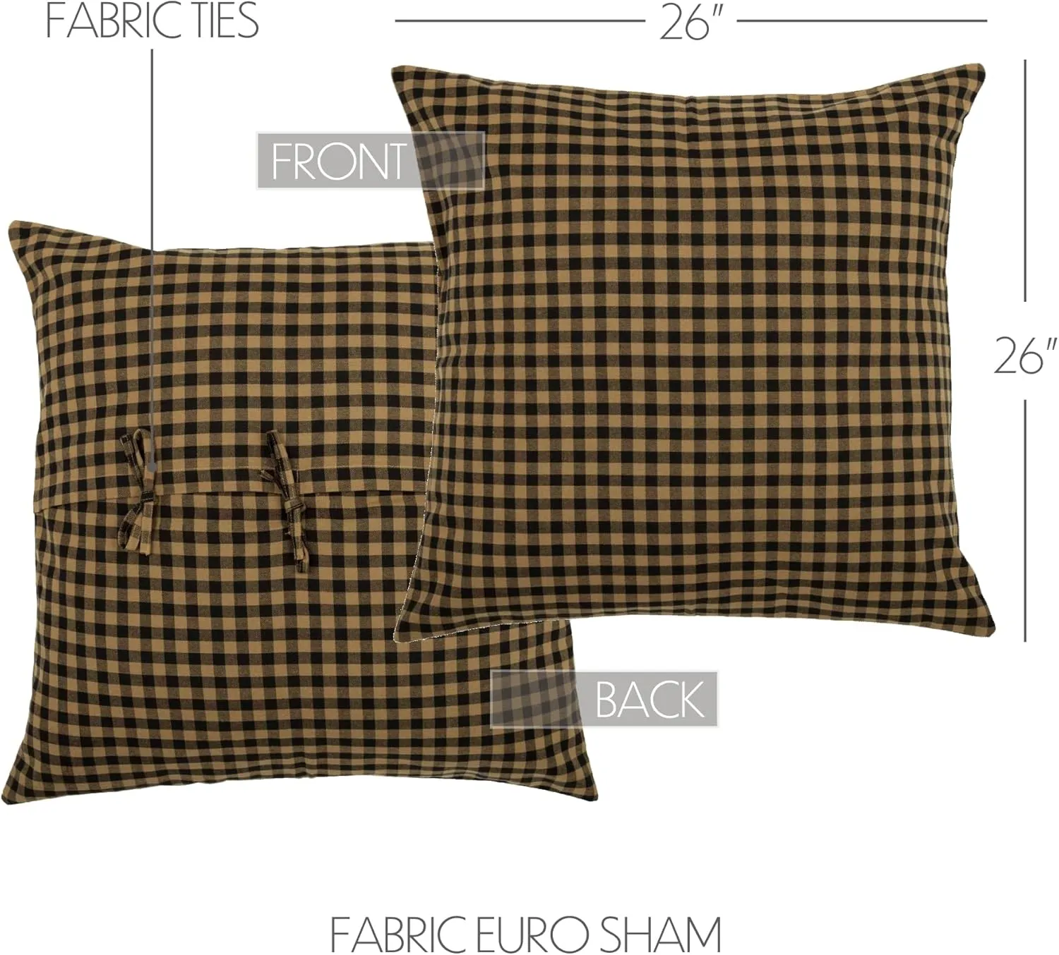 VHC Brands Black Check Fabric Euro Sham 26x26 Country Rustic Design, Black and Tan