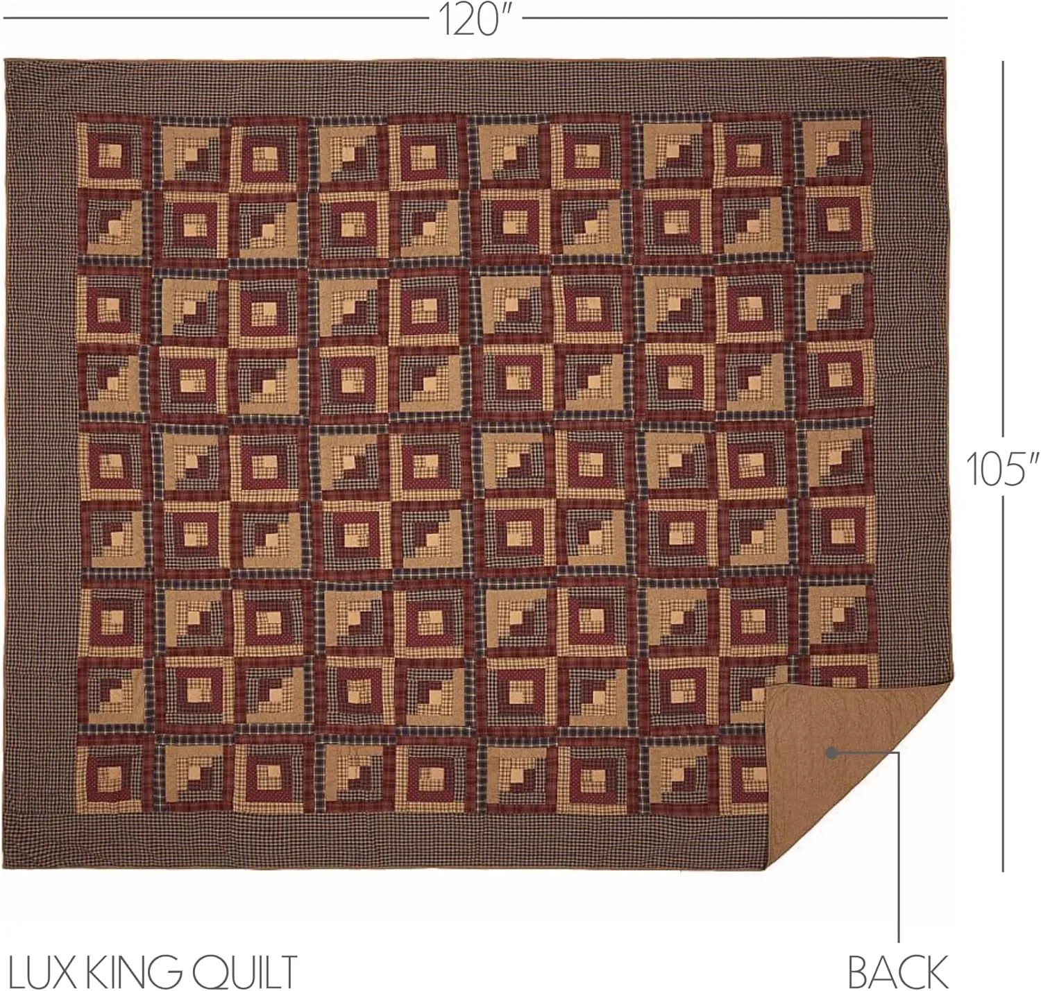 VHC Brands Millsboro Luxury King Quilt 120Wx105L Log Cabin Country Rustic Lodge Design, Burgundy