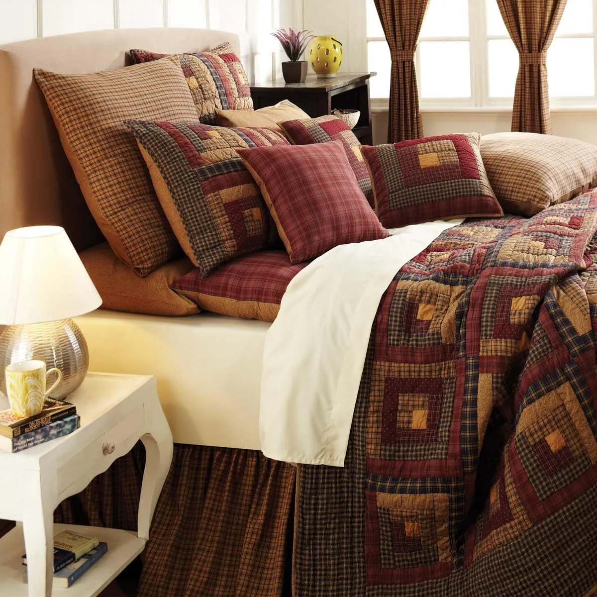 VHC Brands Millsboro Luxury King Quilt 120Wx105L Log Cabin Country Rustic Lodge Design, Burgundy