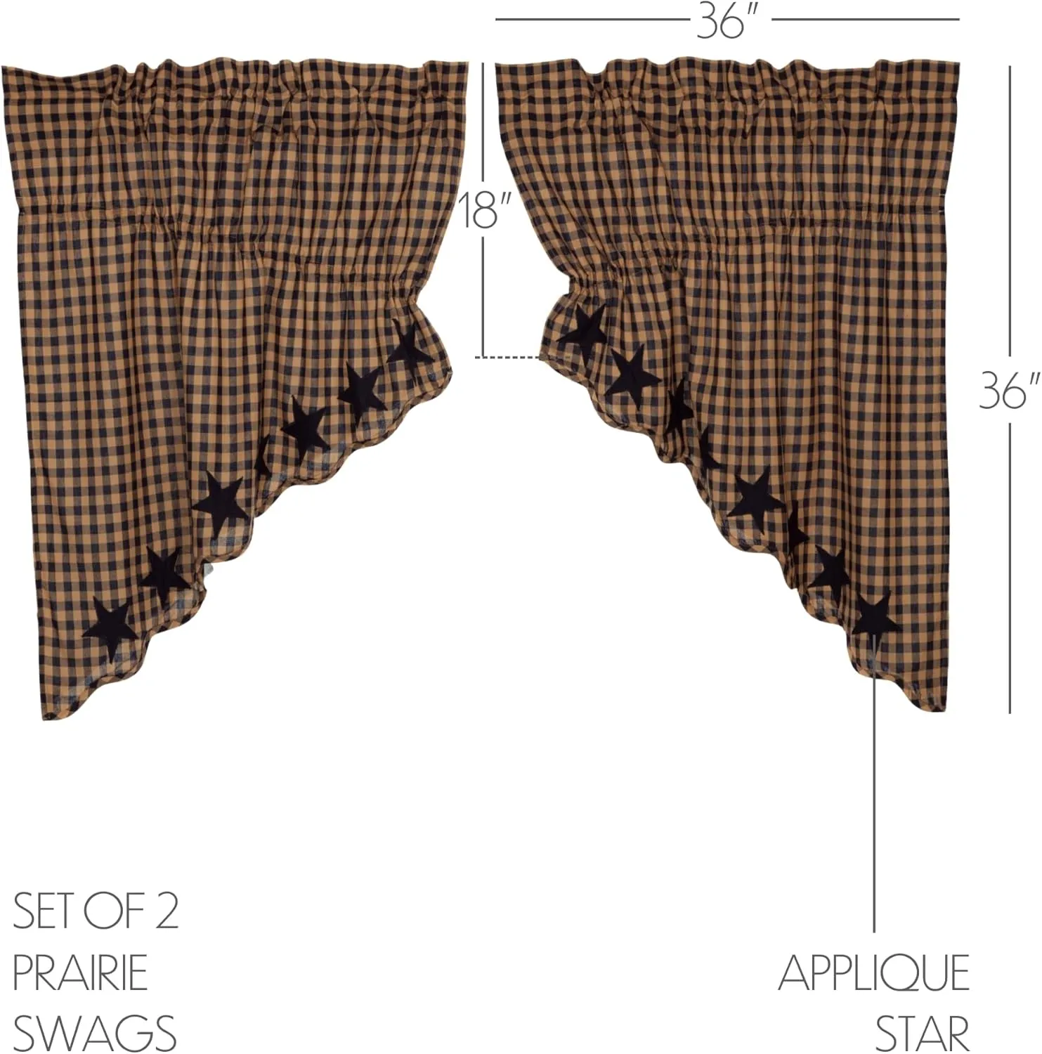 VHC Brands Navy Star Scalloped Kitchen Window Curtains, Prairie Swag Set of 2, 36x36x18