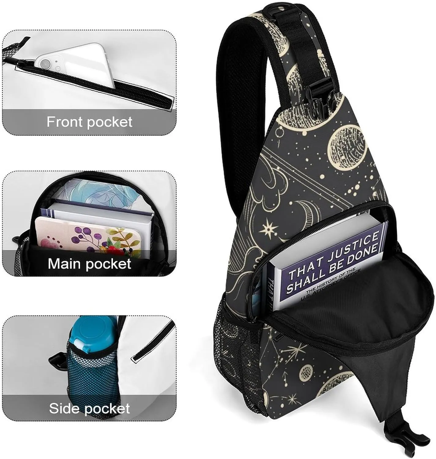 Vintage-engraving-style-pattern Sling Backpack, Crossbody Shoulder Bag, Chest Bags for Outdoor Travel Fitness, 38x20cm