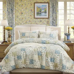 Vintage Floral Comforter Set King 100% Cotton Blue Patchwork Bedding Comforter Sets All Season 3 Pieces Shabby Chic Breathable Soft Comforter(Blue Patchwork, King)