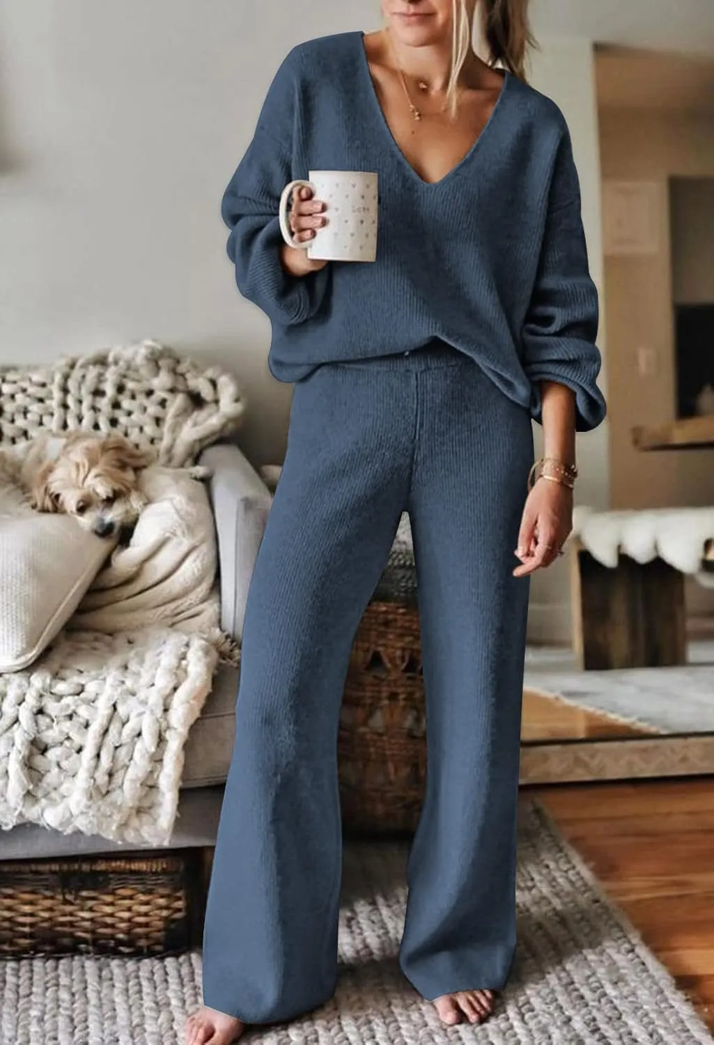 Viottiset Women's 2 Piece Outfits Casual V Neck Knit Wide Leg Sweater Lounge Set Sweatsuit