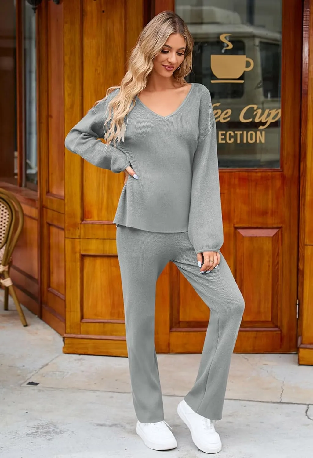 Viottiset Women's 2 Piece Outfits Casual V Neck Knit Wide Leg Sweater Lounge Set Sweatsuit